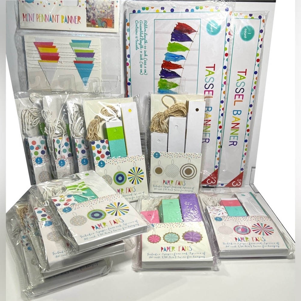 NWT - 14 Packages of Party Decorations. Paper Fans, & Tassel & Pennant Banners